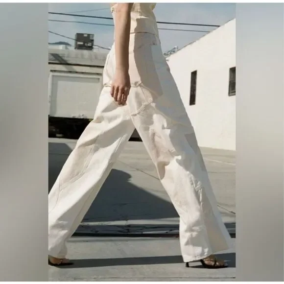 Zara Women's Size 4 Mid Rise Patchwork Off White Cream Baggy Ankle Length Pants - Picture 2 of 7